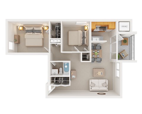 Floor plan for 2 beds, 1 bath, 795 sqft